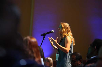 Attendees pose questions to panelists about engineering and its current and future impact on the world